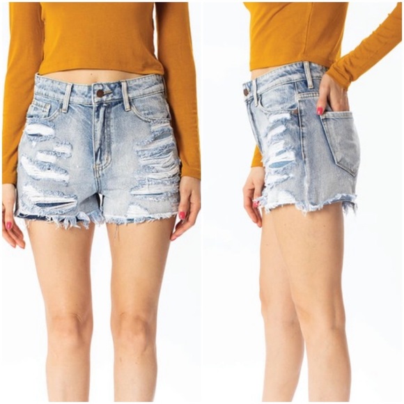 High Waist Destroyed Denim Shorts - Picture 7 of 7